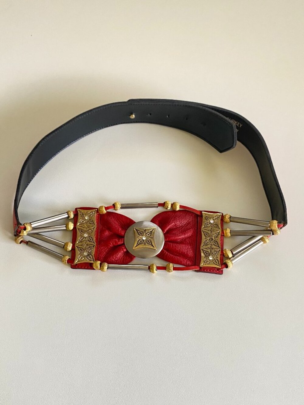 CATC VTG Leather Rustic Statement Belt Turkey OOAK Red Black Mixed Metal 31.5-35